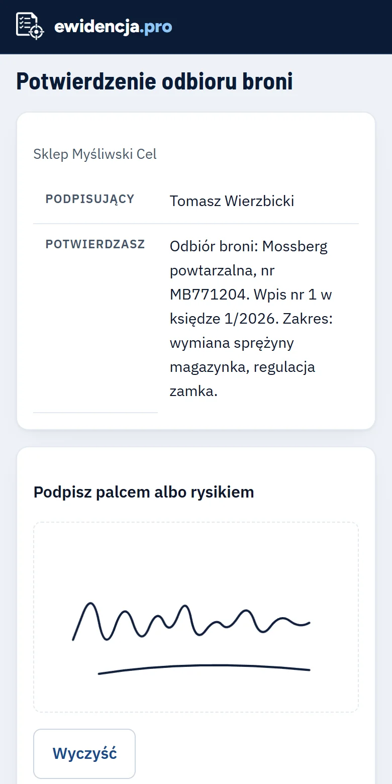 Ekran podpisu na telefonie: nazwa warsztatu, kto podpisuje, opis odbieranej broni
                  z numerem i zakresem naprawy oraz pole do podpisu palcem
